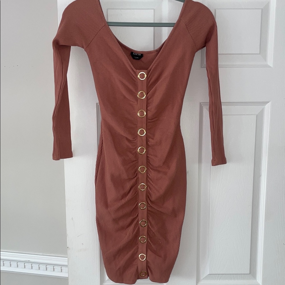 bebe Rust Long Sleeve Dress with Gold Accents